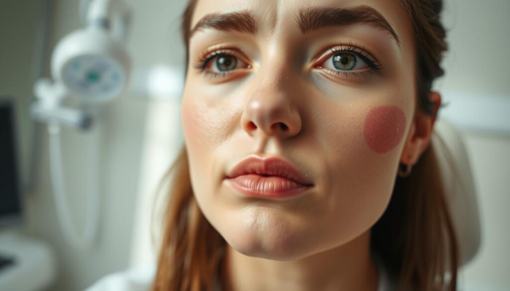A close-up view of a person's face, showcasing mild swelling and redness around the eyebrows, illustrating the aftermath of a cosmetic procedure. The foreground highlights the details of the skin, focusing on the areas affected by the treatment. In the middle ground, capture the subtle expressions of concern and tenderness on the individual's face, dressed in simple, modest attire. The background is softly blurred, featuring a clean, clinical setting to evoke a sense of professionalism and safety. Use natural lighting to create a gentle, soothing atmosphere, with a focus on creating a realistic depiction of the healing process. The angle should be slightly above eye level to emphasize the eyebrows and surrounding areas without overwhelming the viewer.