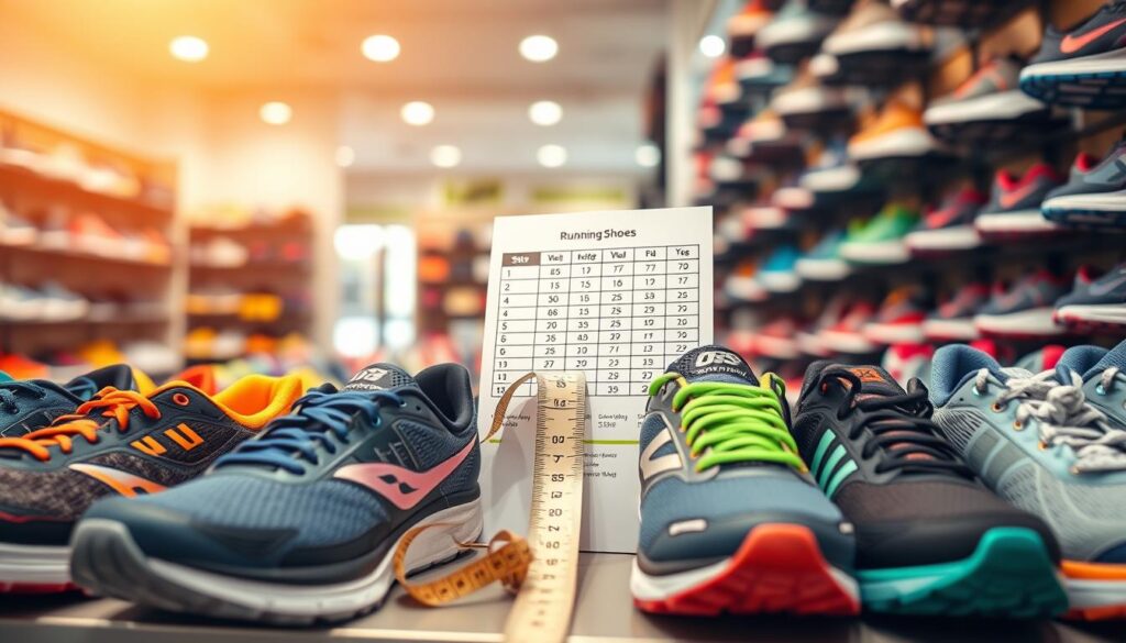 A close-up view of a well-organized display of running shoes in various sizes, showcasing their unique features and styles. The foreground features a diverse range of running shoes with vibrant colors and modern designs, arranged neatly on a shelf. In the middle ground, a measuring tape and a size chart are placed beside the shoes, emphasizing the importance of finding the right fit. The background includes soft, warm lighting that creates an inviting atmosphere, with a blurred athletic store environment to add context. The overall mood conveys motivation and comfort, symbolizing the crucial step in selecting the perfect running shoes for optimal foot support during running activities.