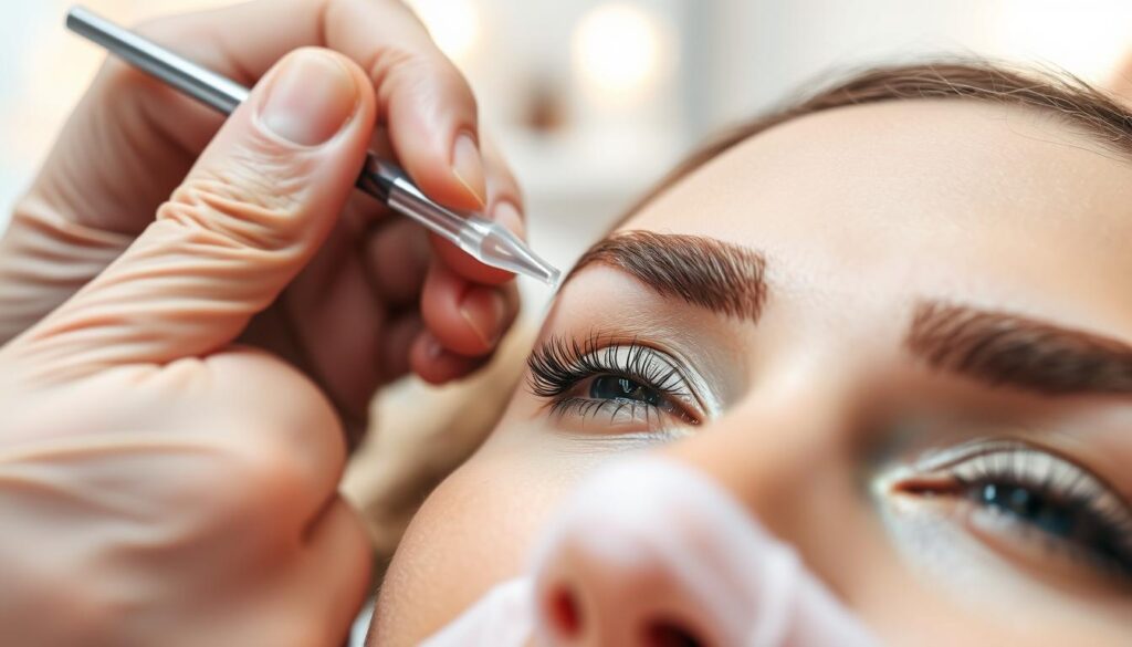 A close-up view of well-groomed eyebrows after a permanent makeup procedure, highlighting the tips on post-care. The foreground features a skilled professional’s hands applying a nourishing brow serum, with tools like a small brush and skincare products around. The middle ground shows a soft-focus image of brows, perfectly shaped and enhanced, radiating a natural yet polished look. The background should have a serene beauty salon setting, with soft, warm lighting creating an inviting atmosphere. Use a shallow depth of field to emphasize the brows and hands while blurring the background slightly. The overall mood is tranquil and professional, portraying the importance of care and maintenance for lasting beauty.