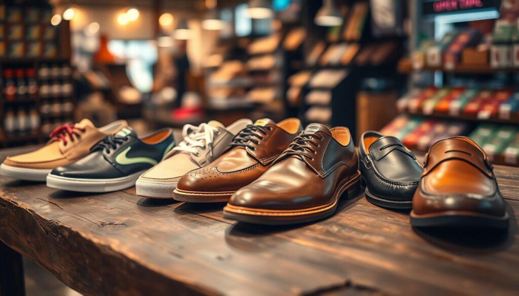 A collection of original shoes displayed prominently on a rustic wooden table, showcasing various styles such as stylish sneakers, elegant dress shoes, and casual loafers. The shoes should have distinct brand markings and high-quality materials, reflecting authenticity and craftsmanship. Soft, warm lighting illuminates the scene, creating a cozy atmosphere, with a shallow depth of field focusing on the shoes while slightly blurring the background. In the background, a blurred marketplace setting is suggested, giving a hint of digital shopping without revealing specific details. The image evokes a sense of trust and quality, highlighting the beauty of original footwear in a modern shopping context.