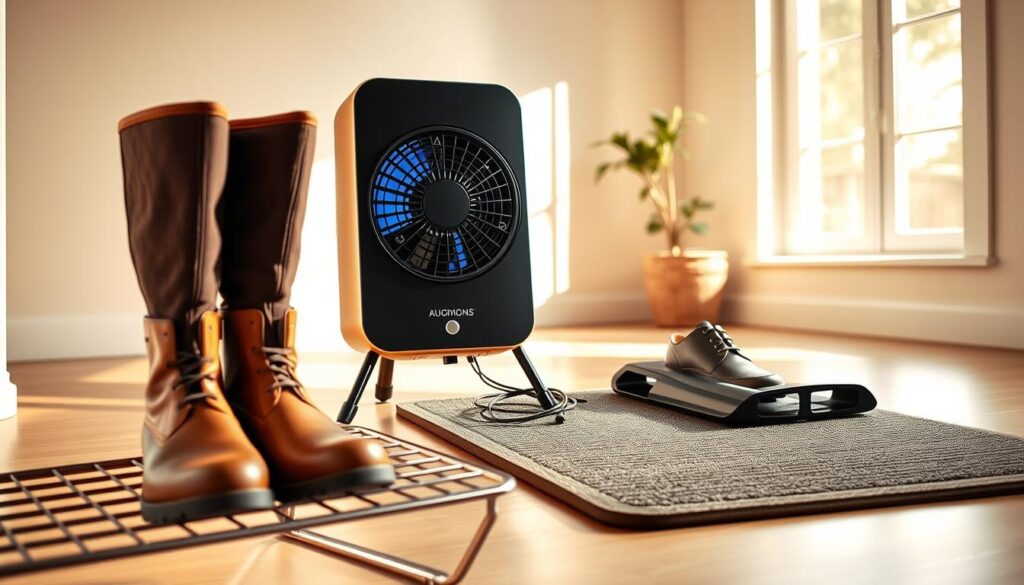 A cozy indoor scene showcasing safe methods for drying shoes. In the foreground, a pair of water-resistant boots placed on a drying rack, with warm, soft light illuminating them. In the middle, a sleek electric shoe dryer with a gentle fan, demonstrating its use. Next to it, a unique but stylish shoe mat absorbs moisture, adding a modern touch. In the background, a window with natural sunlight streaming in, suggesting a warm, inviting atmosphere. The room is minimalistic yet functional, with neutral colors. The overall mood conveys safety and practicality in drying footwear, highlighting warmth and care in the shoe drying process.