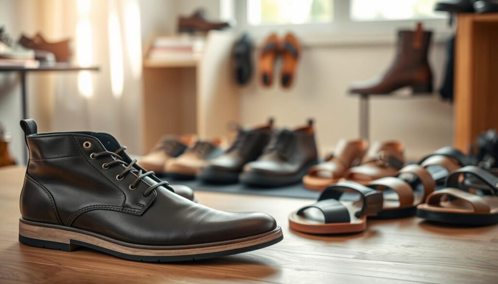 A detailed collage showcasing various types of footwear, prominently featuring sneakers, boots, sandals, and dress shoes arranged artistically. In the foreground, a sleek pair of leather boots and a colorful sneaker rest atop a clean wooden table, emphasizing their unique materials and textures. The middle ground displays a variety of sandals and casual shoes neatly arranged with a soft focus. The background features a softly blurred image of an indoor drying area, with gentle sunlight streaming through a window, creating a warm and inviting atmosphere. Use natural lighting to enhance the details of the shoes, with a shallow depth of field to draw attention to the footwear types. Capture a professional and informative mood, suitable for illustrating a discussion on shoe drying methods.