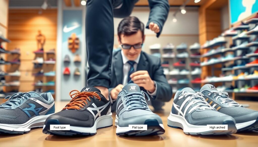 A detailed illustration showcasing various types of running shoes tailored to different foot shapes. In the foreground, display a focused view of a variety of running shoes, each clearly labeled for foot types: neutral, flat, and high-arched. In the middle ground, include a professional figure, dressed in smart casual attire, carefully analyzing the fit of the shoes, demonstrating the importance of proper sizing. In the background, depict a soft focus of a well-lit sports store environment, filled with more shoes and a shoe fitting area. The lighting should be bright and inviting, highlighting the shoes’ features. Capture a mood of professionalism and expertise, emphasizing comfort and support in running gear.