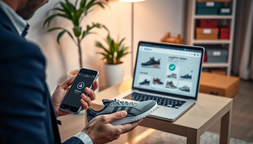 A secure online shopping scene emphasizing safety while purchasing shoes. In the foreground, a well-dressed person examining a pair of high-quality shoes, holding a smartphone displaying the Allegro app. The person is dressed in smart casual attire, conveying professionalism. In the middle ground, a laptop is open with a clear view of a legitimate sneaker website, showcasing branded shoes with a checkmark symbol indicating authenticity. The background features a cozy home setting with soft lighting, a potted plant, and shelves filled with shoe boxes, creating a welcoming atmosphere. The overall mood is informative and reassuring, highlighting the importance of safe purchases.