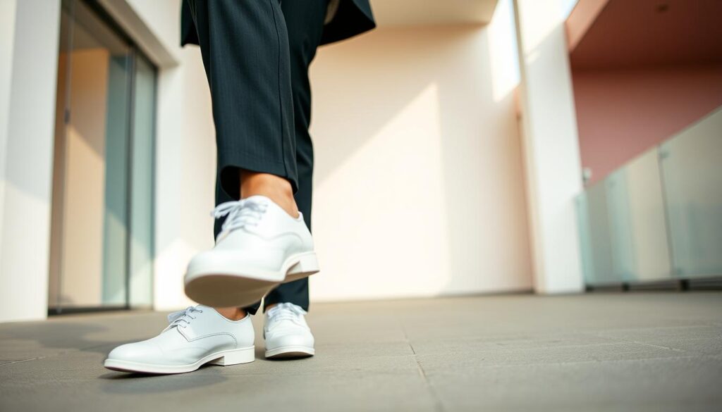 A stylish and modern outfit featuring a pair of sleek white shoes paired with tailored black trousers, prominently displayed in the foreground. A fashionable young adult, dressed in a chic and professional business casual attire, stands confidently with one foot slightly forward, highlighting the contrast between the white shoes and black trousers. In the middle ground, a vibrant urban setting with minimalist architecture provides a contemporary backdrop, infused with soft pastel colors. Bright, diffused lighting enhances the textures of the clothing while casting gentle shadows. The camera angle is set at eye level, capturing a harmonious balance between the subject and environment, evoking a mood of modern sophistication and style. The overall atmosphere conveys a sense of trendy confidence and elegance.
