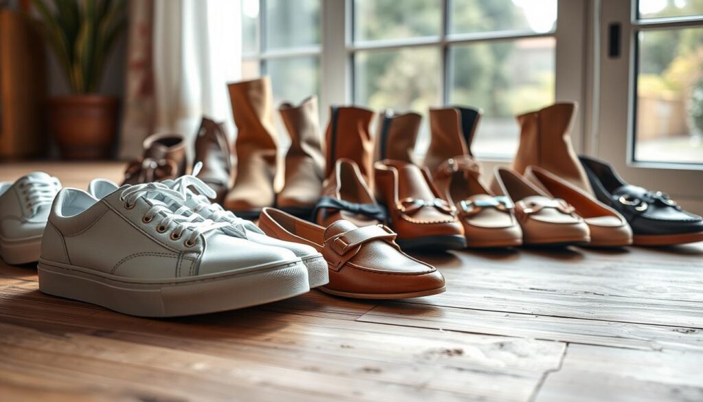 A stylish arrangement of casual women's shoes, showcasing a variety of trendy designs. In the foreground, feature a pair of sleek white sneakers placed on a textured wooden surface, complemented by chic loafers in pastel hues to the side. In the middle, capture a well-organized display of different footwear types, including ankle boots and flats with unique embellishments, emphasizing comfort and versatility. In the background, soft natural light pours in through a large window, highlighting the shoes and creating a warm, inviting atmosphere. The color palette should be harmonious, integrating earthy tones and pops of color to convey a modern, fashionable vibe. The overall scene feels lively yet relaxed, perfectly illustrating the concept of stylish casual footwear for women.