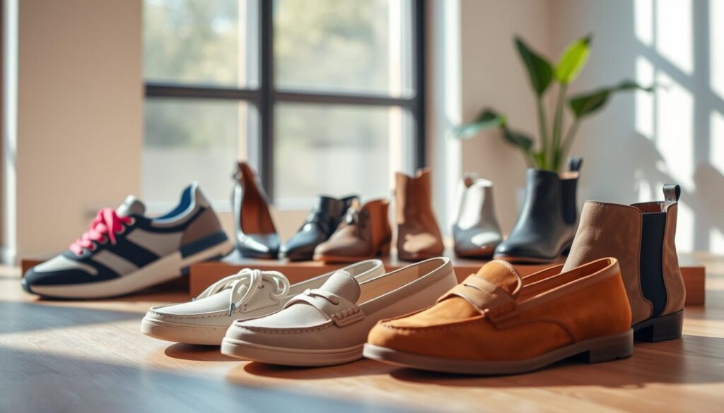 A stylish collection of women's casual shoes displayed in an elegant setting. In the foreground, a pair of trendy sneakers in vibrant colors, next to a chic pair of loafers in a neutral tone, showcasing versatility. In the middle, a variety of fashionable flats and ankle boots arranged aesthetically on a wooden surface, with materials such as leather and suede visible. The background features soft natural lighting filtering through a large window, casting gentle shadows that highlight the textures of the shoes. The atmosphere is modern and fresh, evoking a sense of comfort and style, perfect for everyday wear. The focus is on the shoes, with a shallow depth of field to enhance their appeal while remaining professional and inviting.