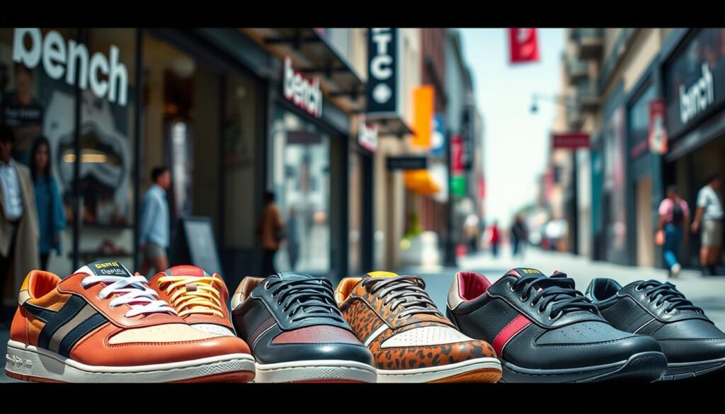 A stylish display of popular Bench footwear models showcased in an urban setting, emphasizing their sleek design and modern appeal. In the foreground, a variety of Bench shoes, featuring vibrant colors and unique patterns, arranged artistically. The middle ground includes a softly blurred background of a lively city street, with trendy boutiques and urban art on the walls, creating a dynamic atmosphere. The lighting should be bright and inviting, suggesting a clear day, with natural shadows that enhance the textures of the shoes. The angle should be slightly elevated, capturing both the shoes and the urban environment, conveying a sense of lifestyle and fashion. The overall mood is energetic and contemporary, appealing to fashion-conscious individuals.