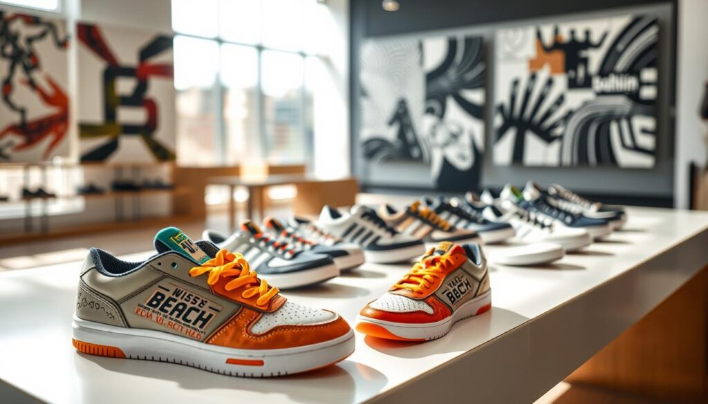 A stylish display of various Bench shoes arranged on a sleek, modern table in a well-lit, minimalist showroom. In the foreground, showcase a pair of trendy, brightly colored sneakers with intricate designs, highlighting the brand's appeal to a youthful audience. In the middle, include a selection of popular models, including casual shoes and sporty designs, displayed in an aesthetically pleasing manner. In the background, softly blurred, there are abstract patterns representing the urban lifestyle associated with the brand. Natural lighting cascades in from large windows, casting soft shadows and creating an inviting atmosphere that conveys a sense of fashion-forward energy and vibrancy. The overall mood should feel fresh, dynamic, and inspired by contemporary urban culture.