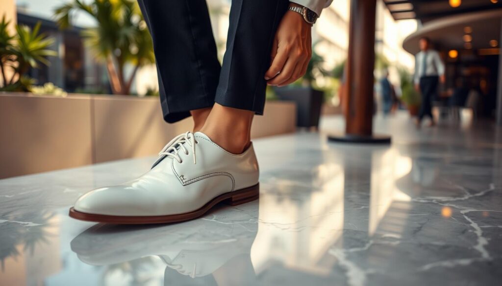 A stylish scene featuring a pair of elegant white shoes prominently displayed in the foreground, resting on a sleek marble surface. In the middle layer, a well-dressed person is putting on the shoes, wearing tailored black pants and a crisp shirt, exuding a sense of professionalism and style. In the background, a soft-focus urban environment, perhaps a modern café or a chic street, adds depth to the composition, with subtle hints of greenery and architectural elements. The lighting is warm and inviting, casting gentle shadows that create an atmosphere of sophistication. The angle should be slightly elevated, showcasing the shoes and attire while capturing the vibe of a fashionable outing, emphasizing occasions suitable for wearing white shoes.
