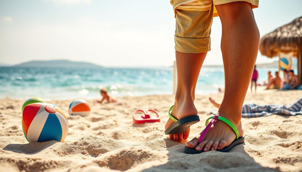 An engaging scene depicting the selection of flip-flops tailored for various activities. In the foreground, a person dressed in casual, modest attire is trying on a pair of colorful flip-flops while standing on a sandy beach, surrounded by beach balls and towels, conveying a fun, summer vibe. In the middle background, show a serene water view with gentle waves lapping at the shore, and a few beachgoers enjoying various activities like playing volleyball and lounging. The lighting is bright and sunny, casting soft shadows, evoking a cheerful, relaxed atmosphere. The angle captures both the individual and the lively beach setting, emphasizing the importance of choosing the right footwear for comfort and functionality.