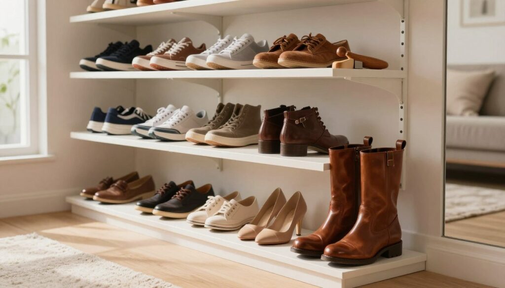 A beautifully organized shoe storage area in a modern living space, featuring a variety of shoes neatly placed on elegant shelves. In the foreground, a pair of polished leather boots sits prominently, showcasing a wooden shoehorn nearby. The middle ground includes a well-stocked shoe rack with spaces for sneakers, casual shoes, and heels, all color-coordinated. A soft, natural light filters through a nearby window, creating a warm and inviting atmosphere. The background reveals a subtle hint of a cozy living room, with soft textile cushions and a decorative plant adding a touch of greenery. The overall mood is fresh and tidy, emphasizing the importance of shoe care and storage. A beautifully organized shoe storage area in a modern living space, featuring a variety of shoes neatly placed on elegant shelves. In the foreground, a pair of polished leather boots sits prominently, showcasing a wooden shoehorn nearby. The middle ground includes a well-stocked shoe rack with spaces for sneakers, casual shoes, and heels, all color-coordinated. A soft, natural light filters through a nearby window, creating a warm and inviting atmosphere. The background reveals a subtle hint of a cozy living room, with soft textile cushions and a decorative plant adding a touch of greenery. The overall mood is fresh and tidy, emphasizing the importance of shoe care and storage.