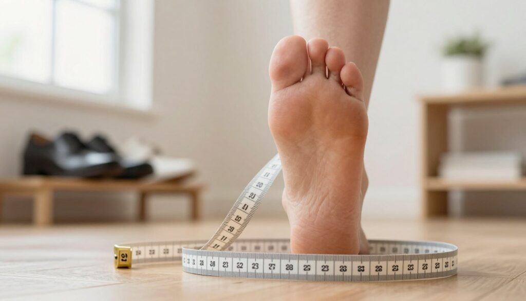 A close-up image of a well-measured foot placed on a soft measuring tape, showcasing precise foot measurements for shoe sizing. The foot should be in a neutral, relaxed position to highlight the natural shape and arch. The setting is a cozy, well-lit living room with warm, natural light streaming through a nearby window, creating a welcoming atmosphere. In the background, a stylish pair of shoes on a shelf is softly blurred to maintain focus on the foot. The lens perspective should be slightly above the foot, capturing the nuances of the foot's contours and the texture of the measuring tape. The mood is informative and inviting, emphasizing the importance of accurate foot measurement for selecting the right footwear. A close-up image of a well-measured foot placed on a soft measuring tape, showcasing precise foot measurements for shoe sizing. The foot should be in a neutral, relaxed position to highlight the natural shape and arch. The setting is a cozy, well-lit living room with warm, natural light streaming through a nearby window, creating a welcoming atmosphere. In the background, a stylish pair of shoes on a shelf is softly blurred to maintain focus on the foot. The lens perspective should be slightly above the foot, capturing the nuances of the foot's contours and the texture of the measuring tape. The mood is informative and inviting, emphasizing the importance of accurate foot measurement for selecting the right footwear.