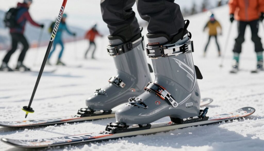 A close-up of a high-performance ski boot showcasing its flex and stiffness, with intricate details highlighting the materials and design features. The foreground prominently displays the boot, emphasizing its adjustable buckles and flex ratings. In the middle ground, a ski pole and a snowy slope hint at the skiing environment, while a blurred group of skiers in the background suggest various styles of skiing. Soft, natural lighting casts gentle shadows, enhancing the boot's contours. The scene conveys an atmosphere of excitement and precision, aimed at skiers considering their equipment. The overall composition emphasizes the technical aspects of ski boots, focusing on how flex relates to skill, weight, and riding style.