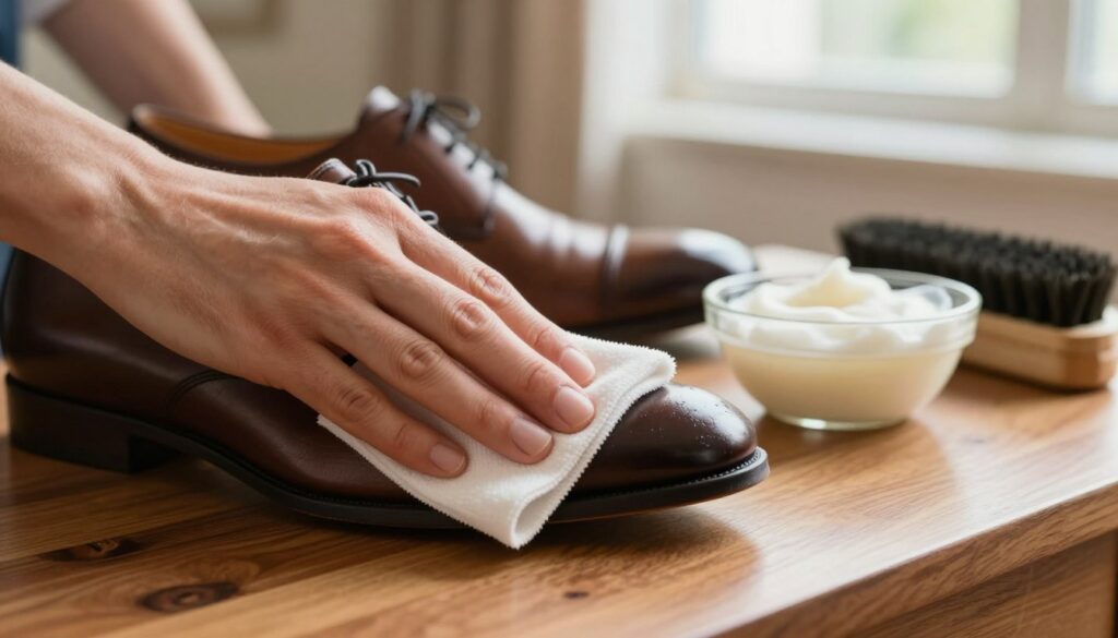 A close-up of a pair of elegant shoes being cleaned on a polished wooden surface. In the foreground, a soft, damp cloth gently wipes the shoe, showcasing the subtle textures of the leather. In the middle ground, a small, stylish bowl of mild soap and a brush are visibly set aside, emphasizing proper cleaning methods. The background softly blurs into a warm, inviting room with natural light filtering through a window, casting gentle shadows that highlight the shoes. The atmosphere conveys care and attention to detail, suggesting a professional and mindful approach to shoe maintenance. The image should be bright and well-lit, with a focus on the textures and colors of the shoes and cleaning supplies, evoking a sense of elegance and respect for footwear care. A close-up of a pair of elegant shoes being cleaned on a polished wooden surface. In the foreground, a soft, damp cloth gently wipes the shoe, showcasing the subtle textures of the leather. In the middle ground, a small, stylish bowl of mild soap and a brush are visibly set aside, emphasizing proper cleaning methods. The background softly blurs into a warm, inviting room with natural light filtering through a window, casting gentle shadows that highlight the shoes. The atmosphere conveys care and attention to detail, suggesting a professional and mindful approach to shoe maintenance. The image should be bright and well-lit, with a focus on the textures and colors of the shoes and cleaning supplies, evoking a sense of elegance and respect for footwear care.