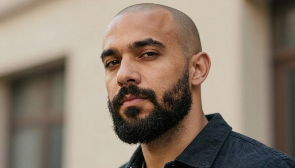 A close-up portrait of a man with a shaved head and a well-groomed beard, showcasing a strong jawline and a confident expression. The focus is on his facial features, highlighting the contrast between his bald head and thick beard. He is wearing a smart casual outfit, with a collared shirt. The background is softly blurred to emphasize the subject, with warm, natural lighting that creates a welcoming atmosphere. The angle is slightly from below to enhance his stature and presence. The mood is sophisticated yet approachable, making the image suitable for an article discussing beard styles and personal grooming.