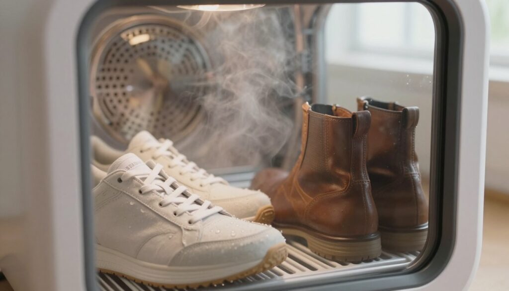 A close-up shot of a pair of shoes drying inside a modern shoe dryer, showcasing various styles like sneakers and leather boots. In the foreground, focus on the shoes, illustrating their textures and subtle details with water droplets still present. The middle ground captures the shoe dryer, sleek and practical, emitting gentle steam, suggesting warmth. In the background, a softly lit room with neutral colors enhances the relaxing atmosphere, featuring a window that allows natural light to filter in, creating shadows that emphasize the shape of the shoes. The overall mood is one of safety and care, highlighting the best practices for drying footwear without damage.