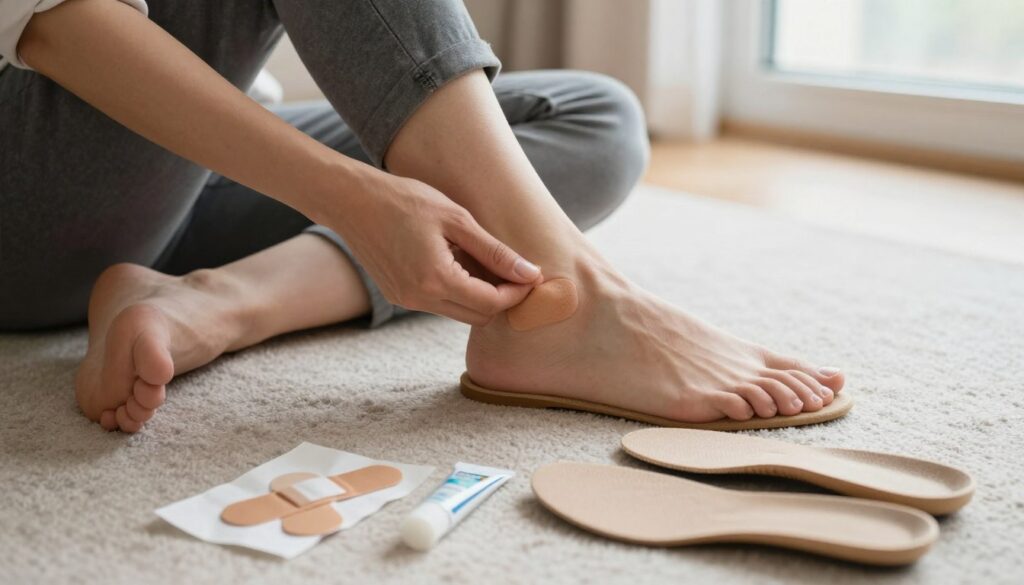A close-up shot of a person sitting on a soft, neutral-toned rug, gently examining the back of their ankle where their shoe rubs against their skin, a visible mark hinting at discomfort. They are wearing a pair of stylish but slightly tight shoes in muted colors. Nearby, a variety of remedies are neatly arranged: adhesive bandages, a small tube of gel, and comfortable insoles, all well-lit as they subtly catch the light, showcasing their textures. The setting is calm and cozy, with soft natural light coming through a nearby window, creating an inviting atmosphere. The focus is on the person's concerned expression and the shoe, conveying the immediate need for relief from shoe-related discomfort.