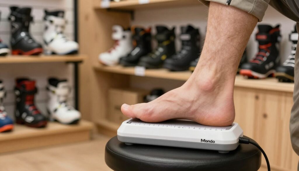 A close-up view of a foot being measured for Mondo sizing, showcasing a professional foot measurement device with a clear scale, ensuring precision. In the foreground, a person is wearing modest, casual attire, seated on a stool with one foot positioned on the device. The middle ground features a well-lit, tidy ski shop setting, with various ski boots displayed on shelves, hinting at the variety of sizes available. The background includes soft, diffused lighting, giving a warm, welcoming atmosphere, suggestive of expertise and trust. The angle captures the foot measurement process from slightly above to emphasize the details while maintaining focus on the measurement device.