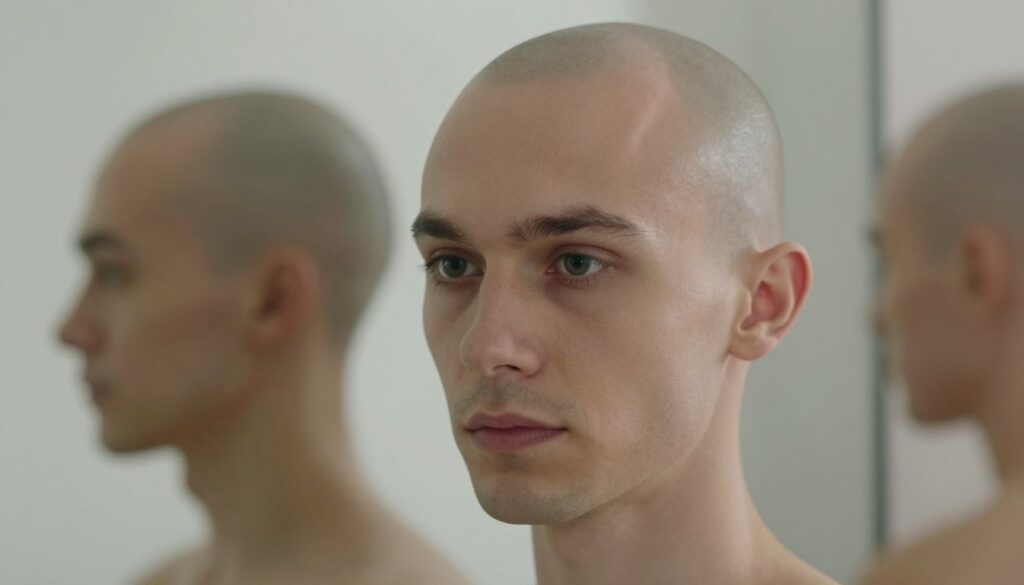 A close-up view of a human head from the front, showcasing various head shapes for a self-assessment guide. The head should be bald to emphasize the shape and contours, with a neutral expression conveying confidence and poise. The lighting is soft and diffused, creating a natural look, while shadows gently highlight the curves of the skull. In the background, a blurred mirror reflects the bald head, adding depth to the composition. The atmosphere feels calm and introspective, inviting viewers to evaluate their own head shape. The image is framed using a portrait lens, ensuring a focus on the head, with a clean, minimalistic background that does not distract from the subject's contours.