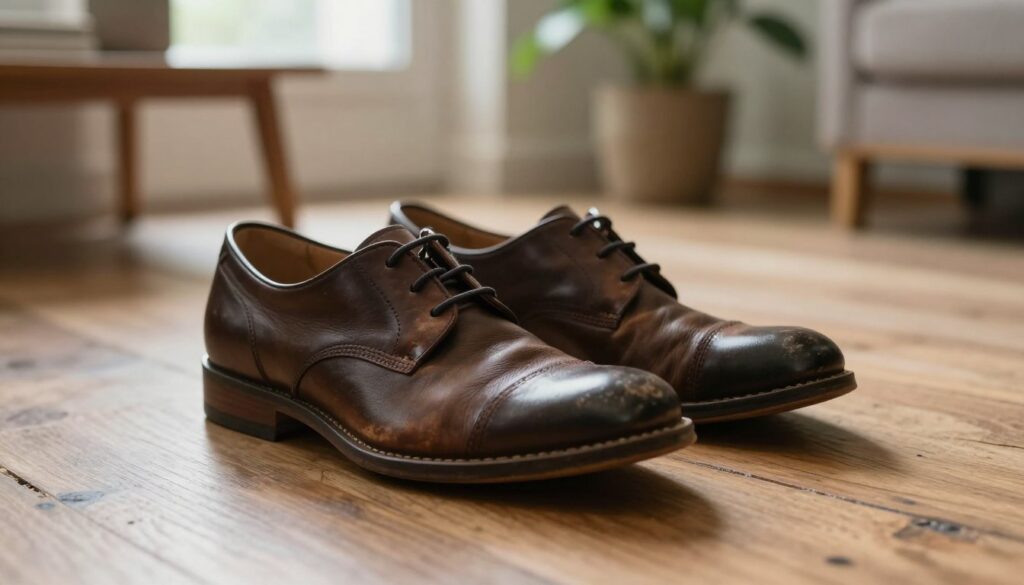A close-up view of a pair of stylish, slightly worn leather shoes placed on an old wooden floor, emphasizing the texture of both the shoes and the floor. The shoes are diagonally positioned, showcasing any creases on the leather that could cause squeaking. Soft, diffused natural light filters in from a nearby window, casting gentle shadows that enhance the depth of the scene. In the background, blurred elements of a cozy indoor setting are visible, such as a minimalist table and a potted plant, adding a relatable, homely atmosphere. The overall mood is contemplative, inviting viewers to consider the relationship between footwear materials and the sounds they produce, without distracting elements or text.