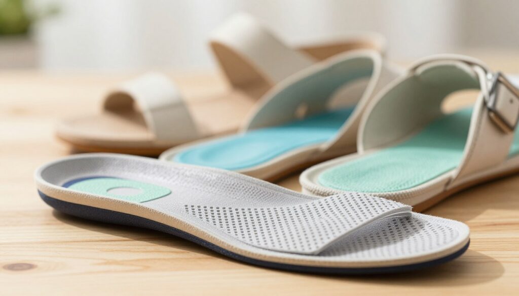 A close-up view of high-quality shoe insoles designed for moisture and odor control, showcasing advanced materials such as breathable mesh and antimicrobial layers. The foreground highlights the textured surface of the insoles, emphasizing their innovative design for comfort. In the middle, a pair of stylish summer shoes, slightly open to reveal the insoles, sits atop a wooden surface, suggesting a casual, airy mood. The background features soft, diffused lighting that creates a bright, inviting atmosphere, enhancing the colors of the insoles and shoes. The composition should evoke a sense of freshness and practicality, perfect for warm weather. The overall scene should be clean and minimalist to focus attention on the insoles and shoes.