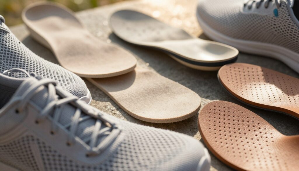 A close-up view of various breathable materials used in footwear, showcasing a variety of textures like mesh, canvas, and perforated leather. The foreground features a sliced shoe, revealing its inner structure and breathable lining. In the middle ground, display different types of insoles designed for airflow, emphasizing innovative designs. The background includes hints of a warm, sunlit outdoor setting, suggesting a comfortable atmosphere ideal for warm days. The lighting is soft and natural, enhancing the textures and colors of the materials. The overall mood is refreshing and inviting, reflecting the essence of breathable footwear suitable for hot weather.