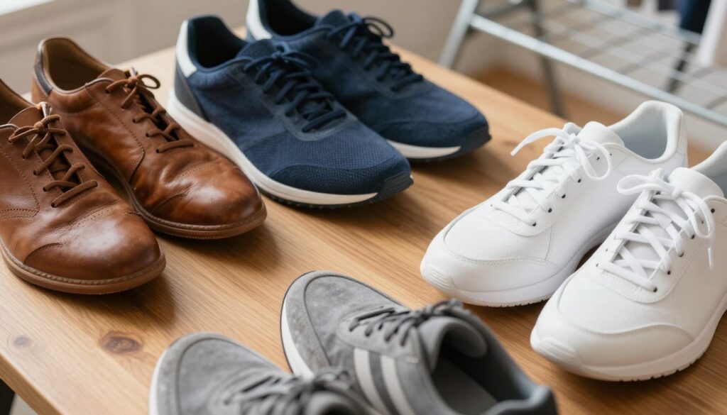 A close-up view of various footwear materials laid out on a wooden table, highlighting leather shoes, stylish sneakers, athletic shoes, and crisp white shoes. Each shoe's texture and unique characteristics are prominently displayed, with a focus on their drying methods. Natural lighting softly illuminates the scene, emphasizing the details of the materials, such as the smoothness of leather, the fabric of sneakers, and the clean surfaces of white shoes. In the background, a blurred drying rack can be faintly seen, hinting at methods for drying. The atmosphere is warm and inviting, suggesting a practical yet stylish approach to shoe care.