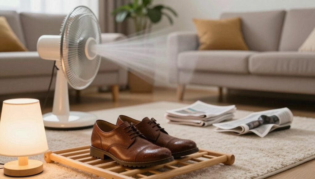 A cozy living room scene showcasing a pair of wet shoes being dried. In the foreground, a pair of brown leather shoes placed on a wooden drying rack, positioned near a source of gentle, warm light, such as a lamp. The middle ground features various safe drying methods, such as newspaper stuffing and a fan blowing cool air. The background shows a comfortable couch and potted plants, contributing to a homely atmosphere. The lighting is soft and inviting, emphasizing the warmth of the home environment. The overall mood is relaxed and practical, conveying a sense of care and effective DIY methods for drying shoes indoors.