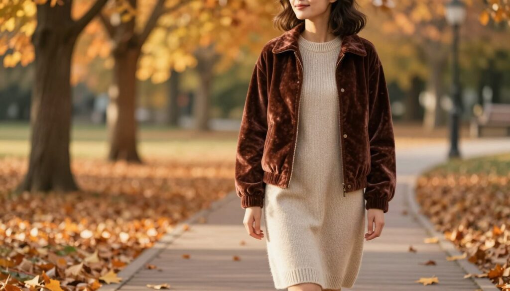 A cozy scene showcasing a minimalist outfit for cooler days, featuring a woman dressed in a stylish knitted dress made from soft, textured dzianina fabric, paired with a velvety jacket in deep autumn hues. In the foreground, the model stands gracefully, her expression relaxed and content. She is surrounded by autumn leaves in warm shades of orange and gold, scattered on a wooden pathway. The middle ground includes soft-focus trees with vibrant foliage, creating a peaceful atmosphere, while the background is a gently blurred park setting bathed in warm, golden-hour sunlight. The overall mood is inviting and serene, emphasizing comfort and effortless style. Use a shallow depth of field to highlight the outfit while softly blurring the surroundings.
