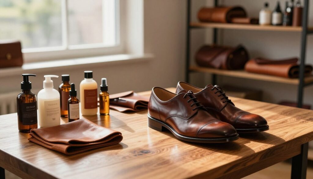 A cozy, well-lit room showcasing the art of leather care. In the foreground, a polished wooden table displays various leather care products: bottles of cream, oils, and a soft cloth. A pair of elegant, well-maintained leather shoes sits prominently, reflecting the light to highlight their rich texture. In the middle ground, a window allows warm, natural light to filter in, casting soft shadows and enhancing the inviting atmosphere. The background features a neat shelf lined with more leather goods and care essentials, creating a harmonious visual balance. The overall mood is serene and professional, emphasizing the importance of proper leather maintenance while showcasing the aesthetic beauty of the materials. The scene is captured from a slightly elevated angle, providing a comprehensive view of the arrangement.