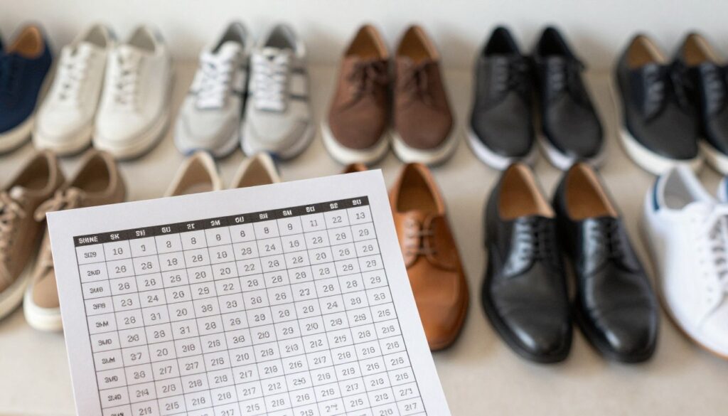 A detailed and informative image depicting a shoe size chart prominently placed in the foreground, featuring various shoe sizes from different brands arranged in an organized manner. In the background, display a variety of shoes—ranging from casual sneakers to formal shoes—showcasing different styles and materials, all neatly aligned on a simple, light-colored surface. Soft, natural lighting enhances the textures and colors of the shoes, creating an inviting atmosphere. Utilize a shallow depth of field to focus on the size chart while subtly blurring the background to draw attention to the information. The overall mood should be practical and educational, ideal for a guide on selecting the right shoe size. A detailed and informative image depicting a shoe size chart prominently placed in the foreground, featuring various shoe sizes from different brands arranged in an organized manner. In the background, display a variety of shoes—ranging from casual sneakers to formal shoes—showcasing different styles and materials, all neatly aligned on a simple, light-colored surface. Soft, natural lighting enhances the textures and colors of the shoes, creating an inviting atmosphere. Utilize a shallow depth of field to focus on the size chart while subtly blurring the background to draw attention to the information. The overall mood should be practical and educational, ideal for a guide on selecting the right shoe size.