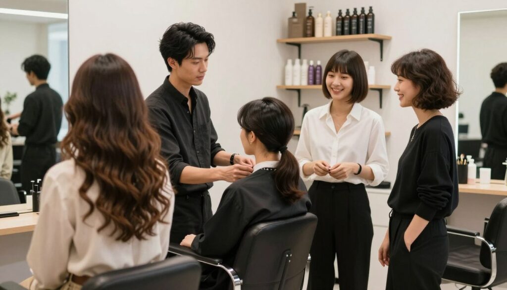 A diverse group of three individuals in a well-lit, modern salon, showcasing various hairstyles suitable for different lifestyles. In the foreground, a confident woman with long, flowing hair styled in loose waves, wearing a stylish yet professional outfit. The middle sections feature a man with a neat, professional haircut, consulting with a stylist, while a cheerful woman with a chic bob observes nearby, all engaging in conversation. The background showcases salon shelves filled with hair products and mirrors reflecting a bright, welcoming ambiance. Soft, natural lighting enhances the scene, capturing the mood of creativity and professionalism. The image illustrates the concept of selecting hairstyles that fit individual lifestyles in a contemporary, relatable setting.