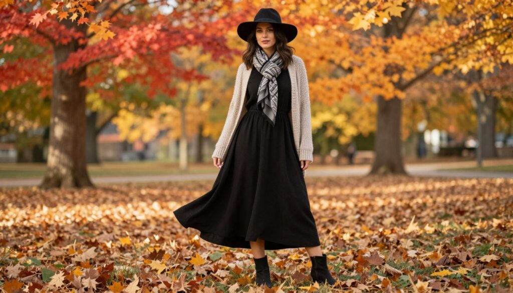 A fashionable autumn scene featuring a long black dress styled for everyday wear. In the foreground, a woman stands confidently, her dress flowing elegantly to the ground, paired with a cozy, stylish cardigan and ankle boots, showcasing layers that keep her warm without sacrificing style. Her accessories include a chic scarf and a wide-brimmed hat, enhancing the autumn vibe. The background features a park adorned with colorful fall foliage—vibrant red, orange, and yellow leaves scattered on the ground, with soft sunlight filtering through the trees, creating a warm and inviting atmosphere. The composition is captured from a slight low angle, emphasizing the elegance of the outfit while maintaining a sense of seasonal tranquility. The image radiates a cozy yet fashionable mood perfect for autumn inspiration.