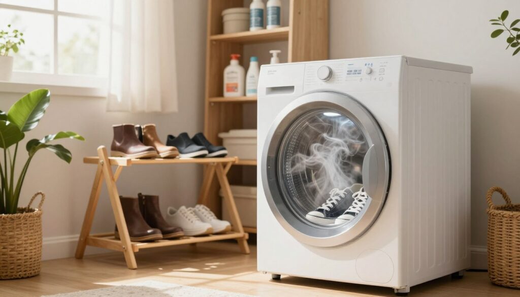 A modern laundry room featuring a specialized shoe dryer prominently in the foreground. The dryer is open, showcasing a pair of sneakers positioned carefully inside, where warm air can be seen gently swirling around them. The middle area contains a wooden drying rack holding various types of shoes, including boots and flats, emphasizing a step-by-step drying process. Soft, diffused natural light streams through a nearby window, illuminating the scene with a warm glow, enhancing the feeling of a cozy, domestic setting. In the background, shelves with neatly organized shoe care products and a potted plant lend a touch of life to the space. The overall atmosphere is calm and inviting, conveying a sense of efficiency and care in drying shoes safely.