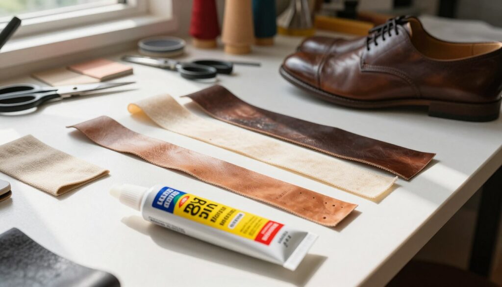 A neatly arranged craft table showcasing a variety of shoe adhesives sprawled out, focusing on a tube of high-quality shoe glue in the foreground with a vibrant label. In the middle ground, an array of different shoe materials—leather, canvas, and rubber—await careful preparation, along with a pair of semi-finished shoes. The background features a workbench cluttered with tools like scissors and sandpaper, emphasizing a workshop atmosphere. Bright, natural sunlight pours in from a nearby window, casting soft shadows and highlighting the textures of the materials. The composition conveys a sense of precision and care, inviting viewers to delve into the art of shoe repair.