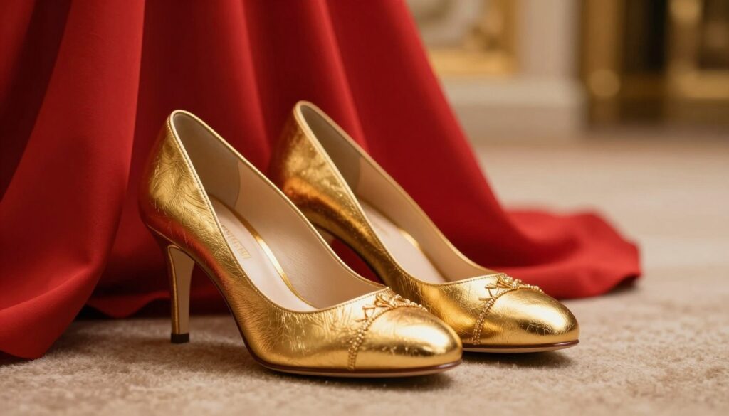 A pair of elegant golden shoes, prominently placed in the foreground, designed with intricate details and a glossy finish that reflects light beautifully. The shoes should exude sophistication and glamour, capturing the essence of luxury. In the middle ground, a soft, flowing red dress gently drapes against a textured background, hinting at the connection between the footwear and the attire. The background features a softly blurred opulent setting, perhaps a lavish ballroom with warm, ambient lighting that casts delicate shadows. The overall mood should be chic and polished, evoking a sense of style and confidence, perfect for a high-end event. Use a shallow depth of field and warm color tones to enhance the atmosphere, ensuring the golden shoes remain the focal point without any text or distractions.