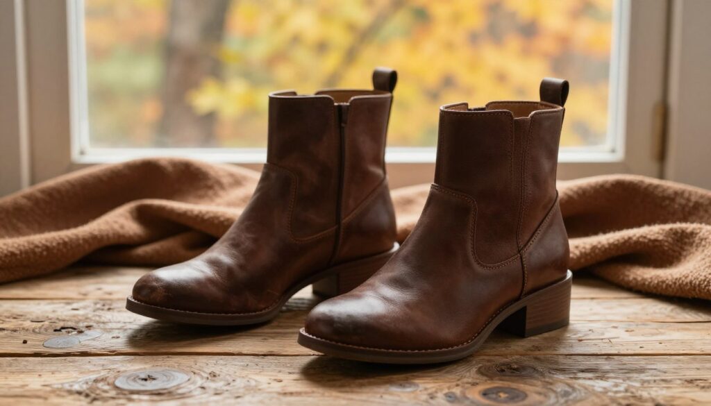 A pair of stylish ankle boots (botki) placed on a textured, rustic wooden surface. The boots are made of soft, dark brown leather with delicate stitching details, showcasing a modest heel suitable for autumn and winter wear. Surround the boots with crumpled, warm-toned fabric to evoke a cozy atmosphere. In the background, softly blurred, there is an inviting scene of autumn foliage through a window, highlighting the season. Natural light pours in, creating gentle shadows and emphasizing the rich colors of the boots. Capture this scene from a slightly elevated angle to give depth and focus to the footwear while maintaining a warm, inviting mood that suggests comfort and style for cooler days.