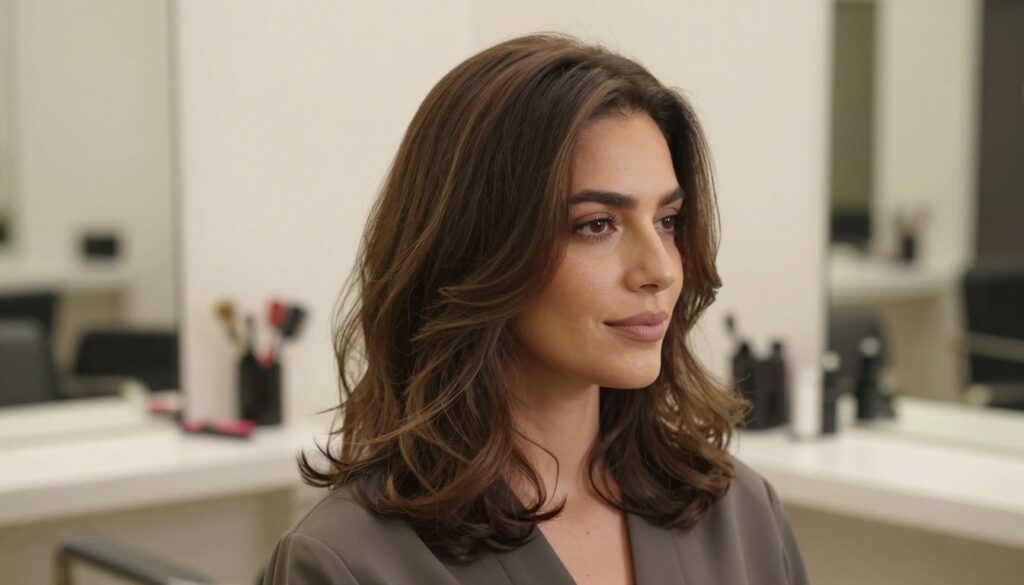 A portrait of a woman with an oval face, showcasing a stylish haircut that emphasizes her facial proportions. She has shoulder-length wavy hair, elegantly framing her features, with soft highlights that catch the light. The model wears a chic, modest outfit suitable for a professional setting, enhancing her sophisticated look. The background features a soft-focus salon interior, adorned with elegant mirrors and stylish hair tools, creating a relaxed yet polished atmosphere. The lighting is warm and inviting, highlighting the contours of her face and the texture of her hair. The angle captures her profile, allowing viewers to appreciate the harmony of her haircut and facial structure, embodying the essence of selecting the right hairstyle for an oval face.