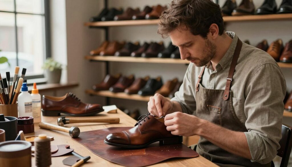 A skilled cobbler in a cozy workshop, carefully repairing a pair of stylish leather shoes. The foreground features the artisan focused on his work, wearing a simple work apron and modest attire, surrounded by tools like a hammer, thread, and leather pieces. In the middle, a well-organized workspace with various shoe-care products, such as stretching sprays and polish, is visible. The background shows shelves filled with different shoe styles and a warm, softly lit atmosphere that conveys a sense of craftsmanship and dedication. Natural light filters through a window, creating gentle shadows that enhance the mood of a professional yet inviting environment.