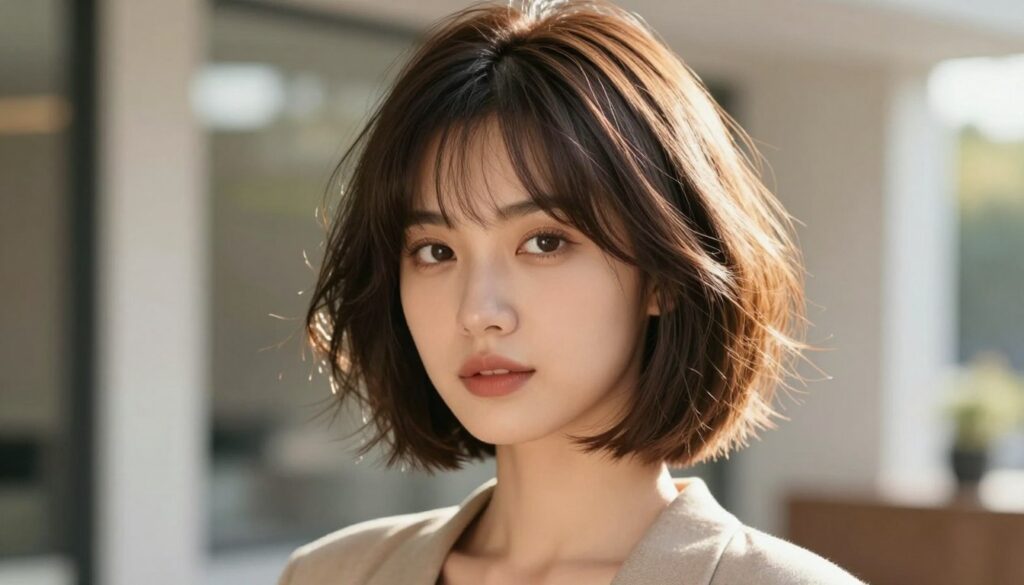 A stylish bob haircut designed for fine hair, showcasing soft, voluminous ends that create an illusion of density. The model is a young woman with a confident expression, dressed in a chic, modest outfit. The foreground features her face and hair, highlighting the texture and layers of the bob. The middle ground presents a softly blurred natural setting, with gentle sunlight streaming through, enhancing the hair's shine. The background includes subtle hints of a modern interior, creating a warm and inviting atmosphere. The lighting is bright yet soft, suggesting early morning light, with a focus on clarity and detail in the hairstyle. The overall mood is fresh and uplifting, capturing the essence of volume and style for fine hair.