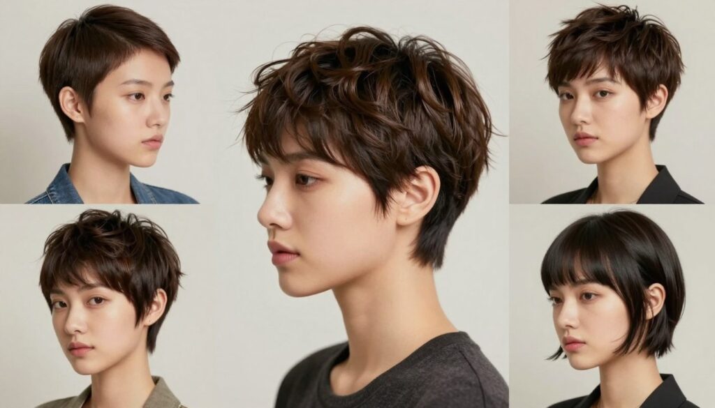 A stylish collage showcasing different types of pixie cuts: one model with a short, slicked-back pixie, another showcasing a long, textured pixie, and a third featuring a pixie with bangs. Each model gracefully poses against a softly lit, neutral background that adds elegance to the scene. The hairstyles are highlighted, showcasing their unique textures and shapes, with gentle lighting enhancing the shine and movement of the hair. Use a slightly elevated angle to capture the hairstyles from above and emphasize their chic nature. The mood should be vibrant and fashionable, appealing to a diverse audience interested in trendy hairstyles. Each model should wear modest, fashionable clothing that complements their hairstyle without distracting from it.