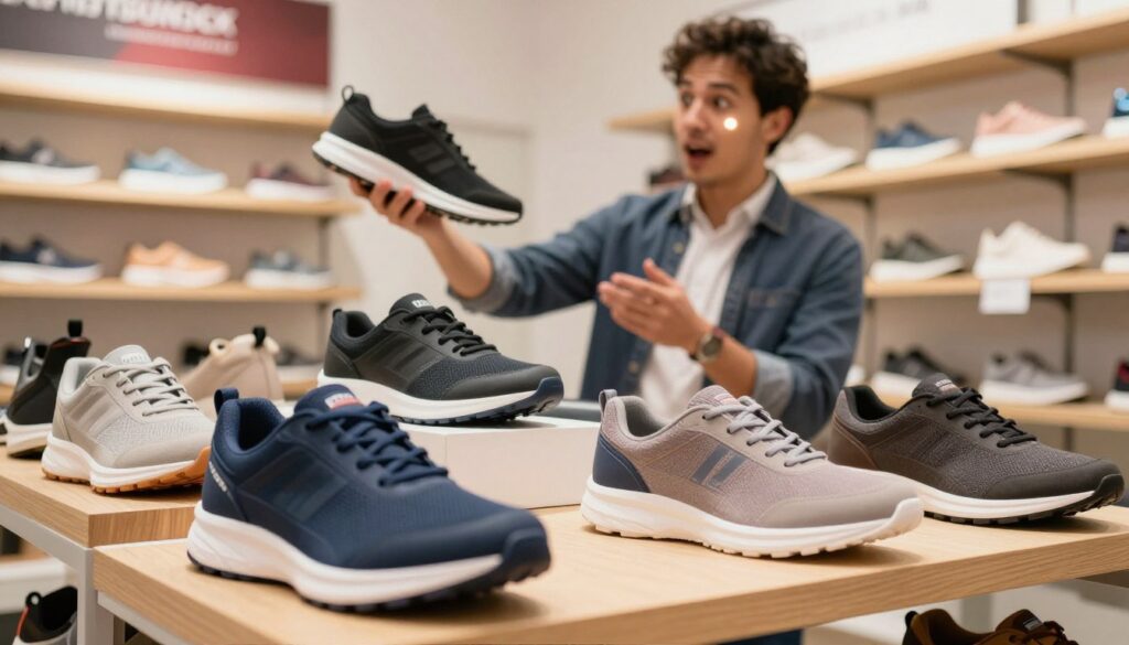 A stylish display featuring Walkmaxx shoes displayed prominently in the foreground, showcasing various models and colors. The shoes are arranged neatly on a wooden shelf, highlighting their unique designs and features. In the middle ground, a well-dressed individual examines a pair of shoes, embodying a shopping ambiance with a slight reflection of excitement on their face. The background showcases blurred shelves of a modern, well-lit store, emphasizing a seasonal promotion atmosphere, with soft, warm lighting creating a welcoming vibe. The overall mood is vibrant and engaging, capturing the essence of finding great deals on Walkmaxx footwear this season. The scene is shot from a slight upward angle to create depth and draw attention to the featured shoes.