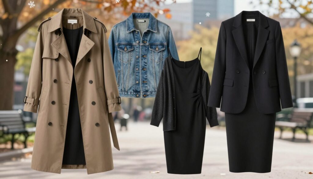 A stylish, elegant long black dress styled for everyday wear, complemented by various outerwear options suitable for different weather conditions. In the foreground, display a fitted trench coat and a lightweight cardigan draped casually over the dress. In the middle, incorporate a chic denim jacket and a tailored blazer, suggesting versatility. The background features a softly blurred urban park scene with seasonal elements, such as autumn leaves, snowflakes, spring flowers, or a sunny summer day to reflect the adaptability of the outfits. Use soft, natural lighting to create a warm and inviting atmosphere, shot from a slight angle to emphasize depth. The overall mood should convey sophistication and practicality, showcasing modern fashion choices that enhance the simplicity of the classic black dress.