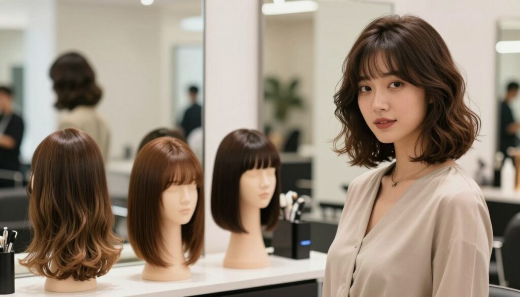 A stylish female model with an oval face showcasing various flattering hairstyles for her shape. In the foreground, she poses confidently in a modest, elegant outfit, showcasing a long, soft bob with subtle waves, a classic shoulder-length cut with side-swept bangs, and a chic pixie cut. In the middle, a mirrored display highlights additional hairstyle options, with bright, natural lighting illuminating the hair textures and colors. The background features a softly blurred salon setting, enhancing the professional ambiance. The warm, inviting atmosphere encourages creativity and inspiration, reflecting the essence of choosing the perfect hairstyle for an oval face.