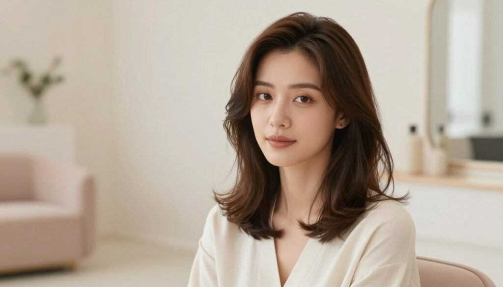 A stylish female model with an oval face sits elegantly in a bright, airy setting. She has a chic, medium-length hairstyle with soft waves that frame her face beautifully. The focus is on her features, accentuated by a light, natural makeup look. The background showcases a modern, minimalistic room with soft pastel colors, allowing the subject to stand out. The lighting is soft and diffused, creating an inviting atmosphere. A shallow depth of field emphasizes the model while gently blurring the surroundings. The image captures a sense of sophistication and grace, perfectly illustrating hairdos that enhance the beauty of an oval face, ideal for inspirational styling concepts.