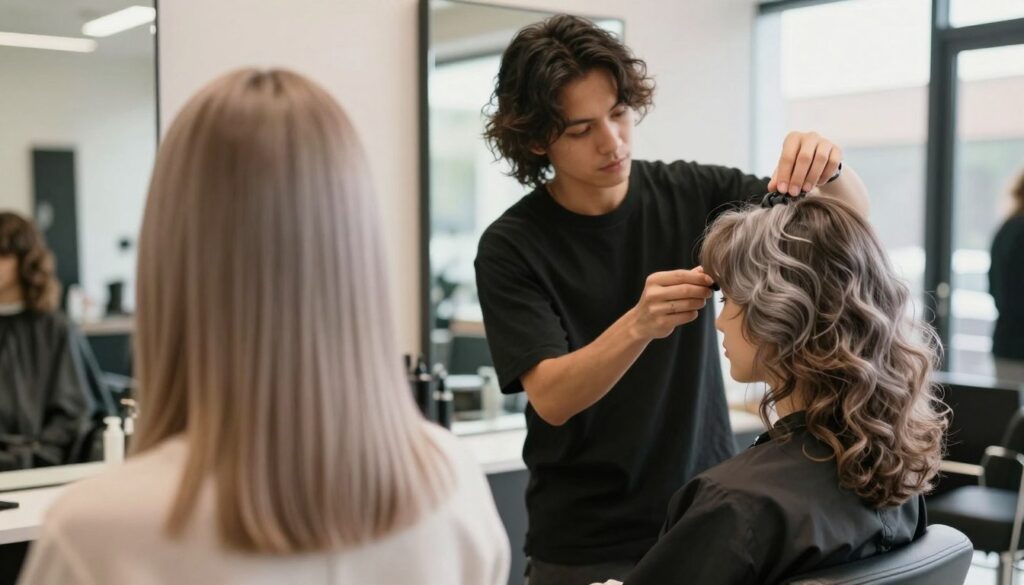 A stylish hair salon interior featuring diverse hairstyles for thin hair types, focusing on straight, wavy, colored, and silver hair. In the foreground, a close-up of a woman with straight, shoulder-length hair, elegantly styled to enhance volume, wearing a professional casual outfit. In the middle, a fashion-forward hairstylist adjusting a curly, voluminous hairstyle on another model, showcasing layering techniques. The background includes a modern salon setup with mirrors and natural light streaming in through large windows, creating a warm and inviting atmosphere. The image captures a sense of creativity and confidence, highlighting chic haircuts that add body without teasing. Use soft focus to enhance the mood while ensuring clarity on hairstyles.
