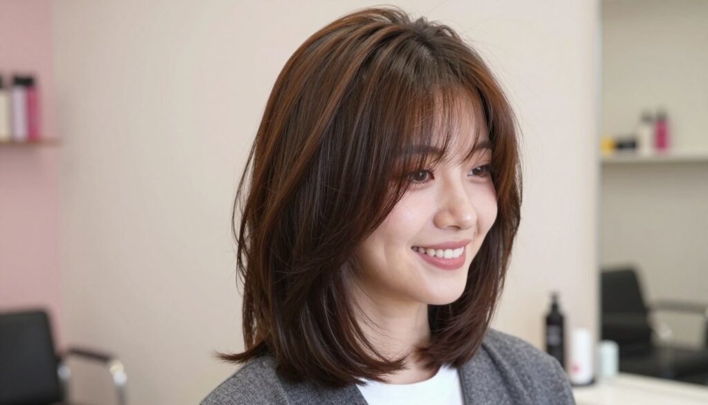 A stylish medium-length haircut featuring a soft, layered 'grzywka' (fringe) that elegantly frames the face. The hair is glossy and healthy, showcasing subtle highlights that catch the light. The subject is a young woman in a professional casual outfit, smiling warmly in a well-lit, modern salon setting. The background includes soft pastel-colored walls and a hint of beauty products on shelves, creating a fresh and inviting atmosphere. The lighting is bright and natural, enhancing the facial features and the vibrancy of the hair. The angle is slightly from above, focusing on the subject's hairstyle and expression, conveying a youthful and rejuvenating mood.