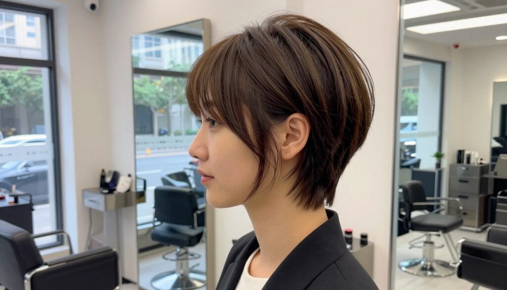 A stylish modern hairstyle that visually shortens a high forehead. The image features a model with a high forehead, sporting a trendy and flattering fringed haircut that softens their features. The model is dressed in smart casual attire, standing in a well-lit, inviting salon environment. Natural light filters through large windows, highlighting the textures of the hair and the intricate details of the fringe. The background showcases stylish mirrors and minimalist decor, creating a chic atmosphere. The angle captures the model's face in profile, emphasizing the harmony and balance created by the new haircut. There’s a confident, uplifting mood, encouraging a sense of transformation through hair styling.