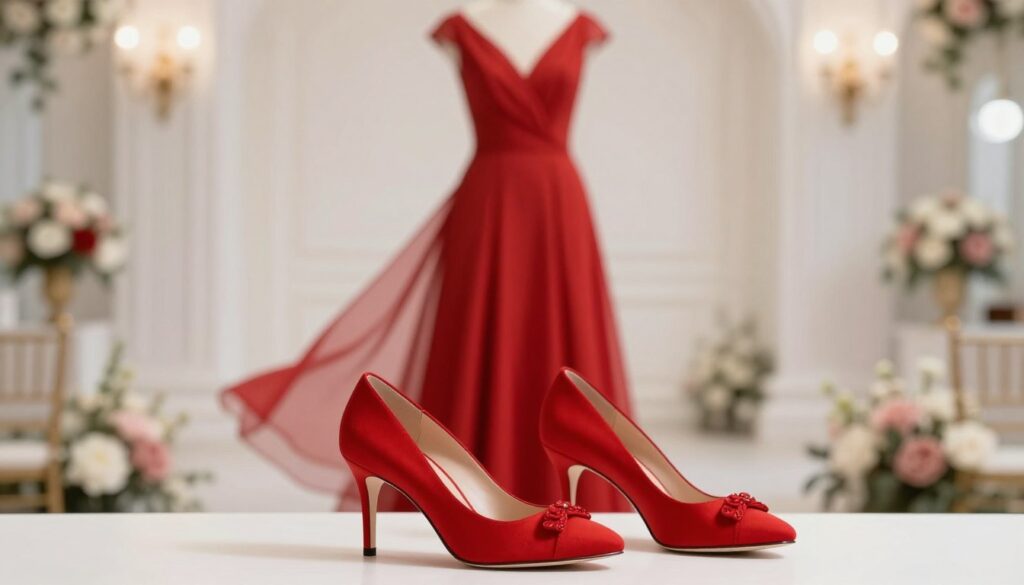 A stylish pair of elegant red shoes, perfectly matching a red dress, displayed prominently in the foreground. The shoes are designed with delicate stiletto heels and subtle embellishments to evoke sophistication. In the middle ground, a red dress hangs gracefully on a modern mannequin, featuring a flattering silhouette and light, flowing fabric that drapes elegantly. The background is softly blurred, depicting a charming wedding venue setting with gentle lighting and floral decor, enhancing a festive atmosphere. The image showcases a warm color palette, emphasizing reds and whites, creating a cohesive yet striking total look. The composition should convey a sense of modern elegance and celebration, inviting the viewer to envision this complete outfit for a wedding.